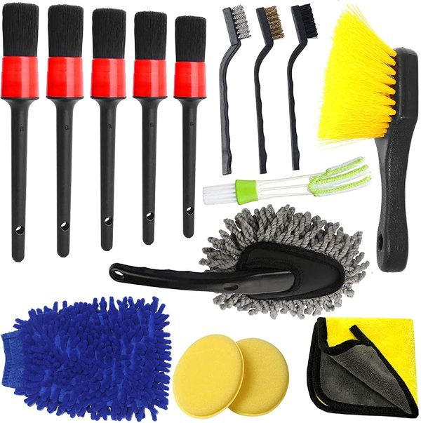 15 Pcs Car Detailing Brush Kit,  Car Cleaner Brush Auto Detail Brush Set with Cleaning Mitts, Microfiber Towels and Wax Sponge for Cleaning Wheels, Interior, Exterior, Leather, Air Vents, Motorcycle - Image 8