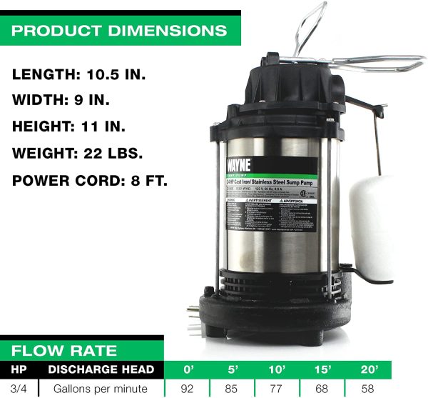 Wayne CDU980E 3/4 HP Submersible Cast Iron and Stainless Steel Sump Pump with Integrated Vertical Float Switch