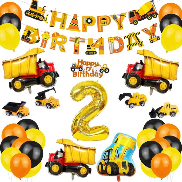 Refasy Birthday Decorations for Boys,Construction Party Supplies for 2nd Birthday Dump Truck and Digger Balloons,Birthday Banner,Cupcake Toppers for Kids Birthday Party - Image 5