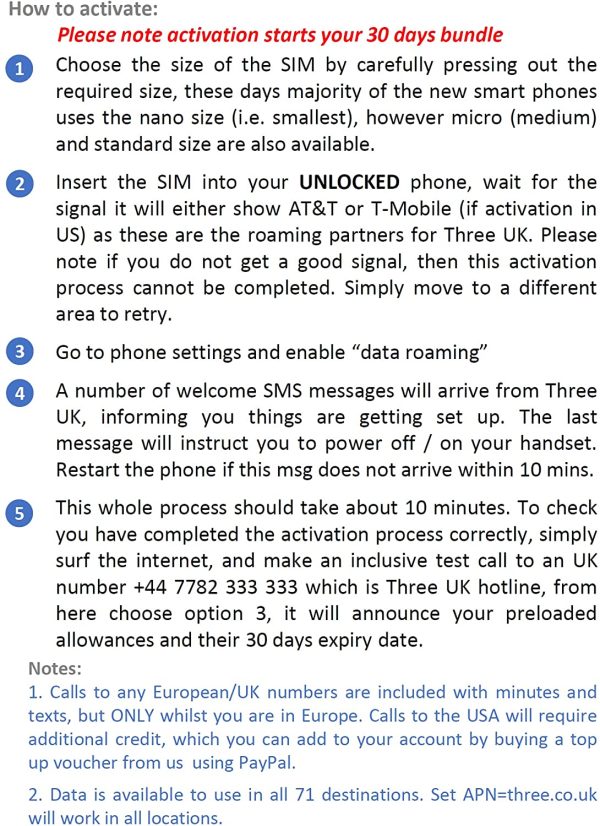 New PrePaid Europe (UK Three) SIM Card 50GB Data Unlimited Minutes/Texts for 30 Days with Free Roaming/USE in 71 Destinations Including Europe, South America and Australia (50GB) - Image 7