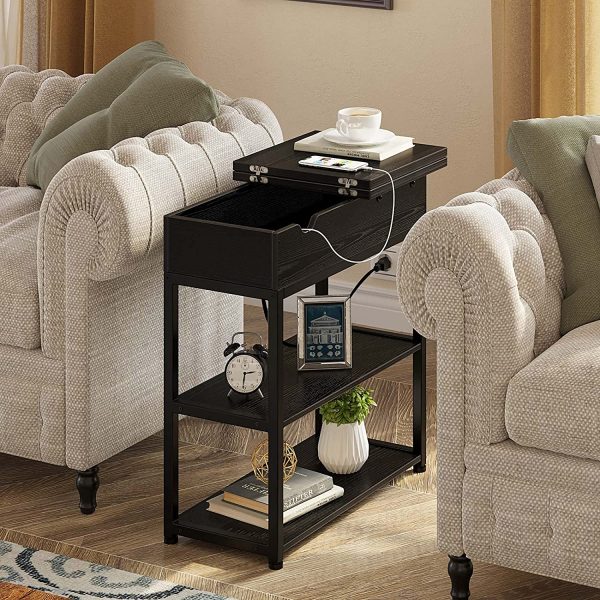 Rolanstar End Table with Charging Station, Narrow Flip Top End Side Table with Storage Shelf and USB Ports & Power Outlets for Small Spaces, Nightstand Sofa Table for Living Room, Bedroom Black