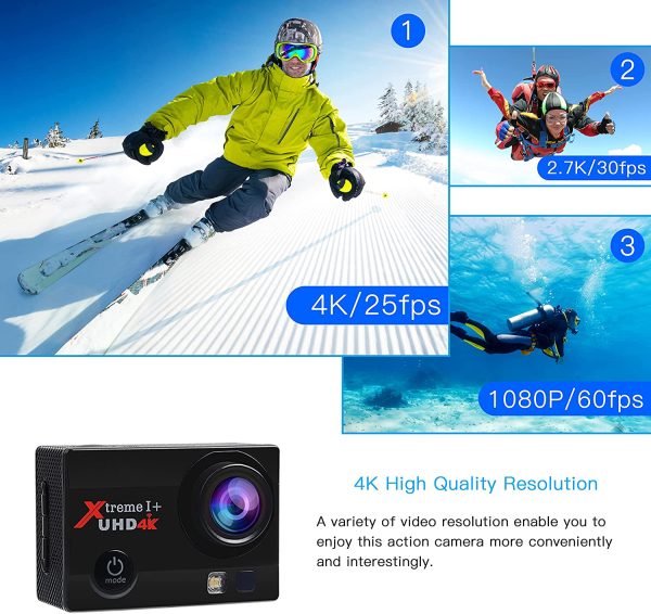 Action Camera 4K Ultra HD WiFi Waterproof Camera, 170° Adjustable Wide-Angle Underwater Camcorder, 4X Zoom Sports Cam with 2 Batteries and Accessories Kits - Image 5