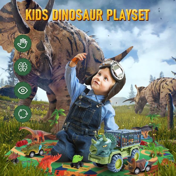 CUTE STONE Dinosaur Transport Truck Toy with Dinosaur Figures, Kids Dinosaur Playset with Friction Powered Cars, Pull Back Cars, Activity Playmat, Dino Car for Toddlers Boys Grils - Image 4