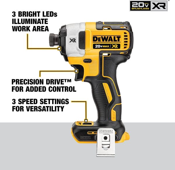 DEWALT 20V MAX* XR Impact Driver Kit, Brushless, 3-Speed, 1/4-Inch, Tool Only (DCF887B) - Image 8