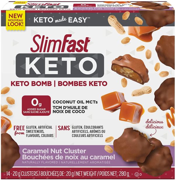 SlimFast KETO Bomb Snacks, 14x20g Chocolate Caramel Nut Clusters per box, 280 grams