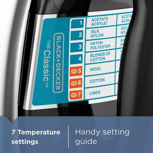 Black+Decker Classic Steam Iron, 7 Settings with Auto Shut Off, Wet or Dry Ironing, Black/Silver, F67ED