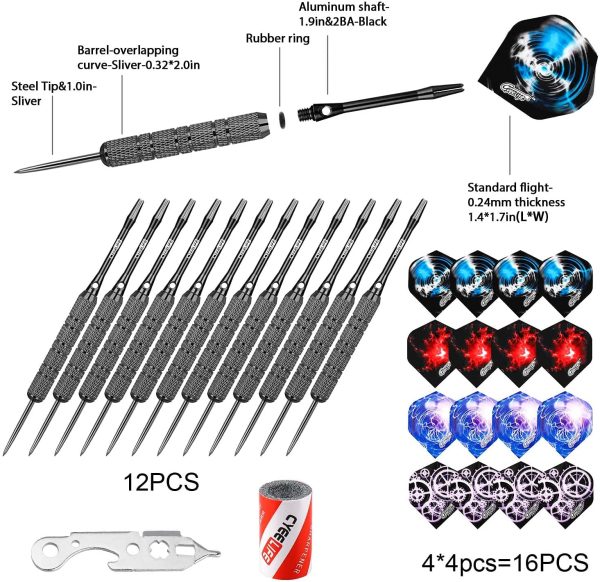 CyeeLife-Steel tip Darts 20/24/30g+Sharpener+Tool+20Flights+12Aluminium shafts with Rubber Rings+16 Protectors-12 Barrels for 4 Beginners House Darts - Image 4