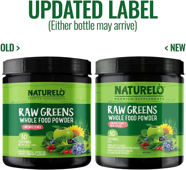 NATURELO Raw Greens Superfood Powder - Unsweetened - Boost Energy, Detox, Enhance Health - Organic Spirulina - Wheat Grass - Whole Food Nutrition from Fruits and Vegetables - 30 Servings