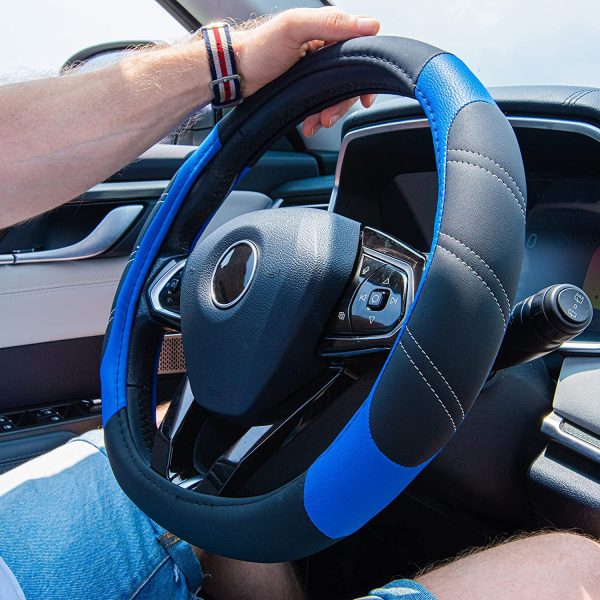 CAR PASS Line Rider Faux Leather Steering Wheel Cover Universal Fits for Truck,SUV,Cars (Black with Blue) - Image 5