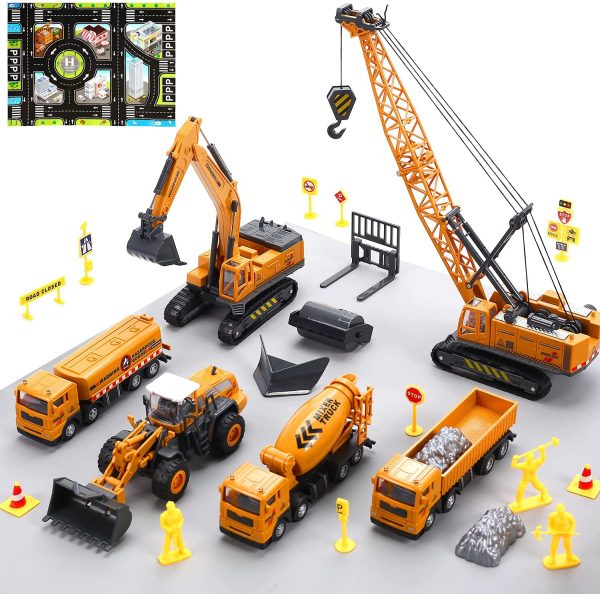 CUTE STONE Construction Toys Vehicles Playset with Playmat, Kids Engineering Truck Toy Set with Crane, Excavator, Tractor with 3 Interchangeable Parts, Cement, Truck, Educational Gift Toy for Toddlers Boys - Image 8