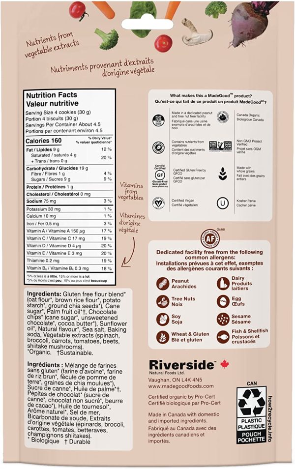 MadeGood Chocolate Chip Crunchy Cookies, 142g x 6 Pouches; Non-GMO, Nut Free, Organic, Nutrients from Vegetables, Vegan, Gluten-Free - Image 6