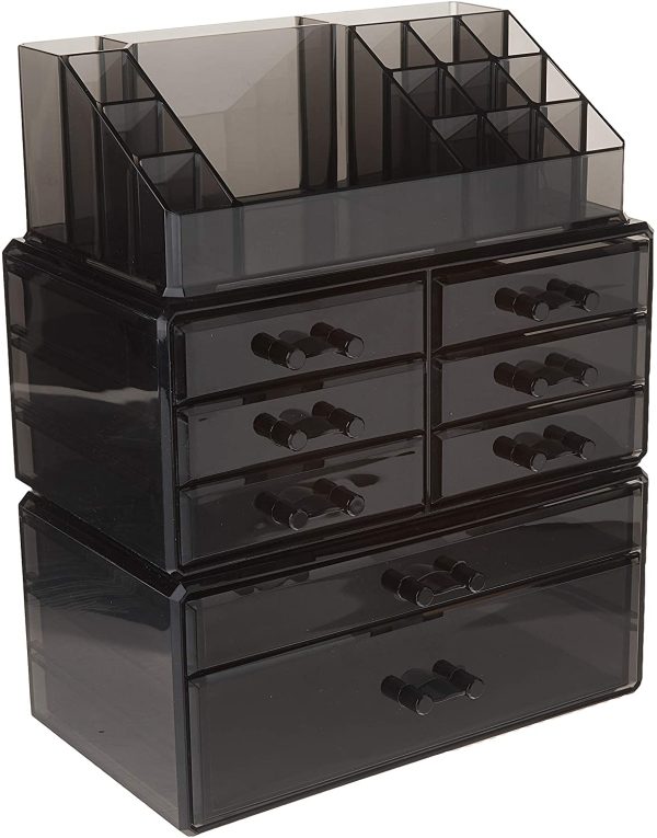 SONGMICS Makeup Organizer 8-Drawer Cosmetic Storage 3 Pieces Set Jewelry Display Case, Black UJMU08B - Image 6