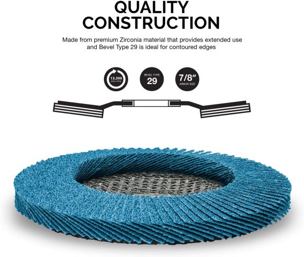 NEIKO 11120A Zirconia Flap Disc | 80 Grit | 10 Pack | 4.5-Inch x 7/8-Inch | Bevel Type #29 | 13,300 RPM | Premium and Industrial Grade | High Performance Edge Grinding - Image 3