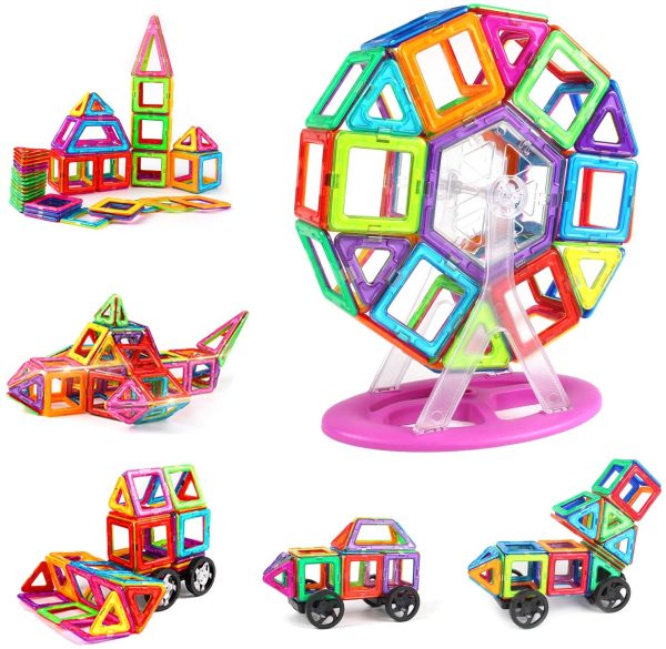 AMOSTING Magnetic Blocks Building Tiles Preschool Educational Construction Stacking Toys for 3 Years Old and Up Toddlers Boys & Girls with Ferris Wheel Stem Set & Car Wheels-100PCS - Image 5