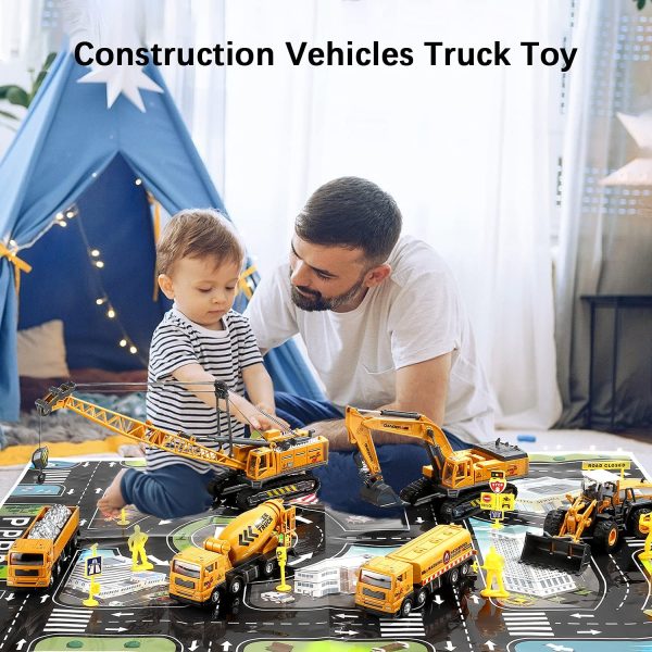 CUTE STONE Construction Toys Vehicles Playset with Playmat, Kids Engineering Truck Toy Set with Crane, Excavator, Tractor with 3 Interchangeable Parts, Cement, Truck, Educational Gift Toy for Toddlers Boys - Image 9