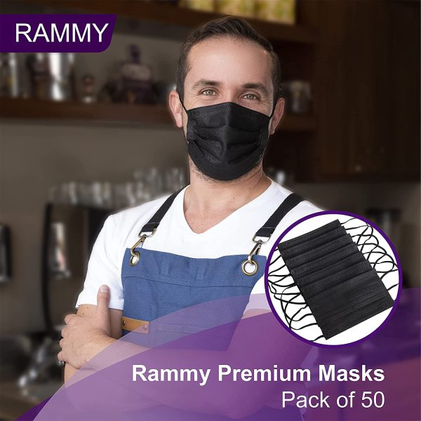 Rammy Premium Face Masks - Pack of 50 Disposable Black Face Masks with Adjustable Nose Strip & Comfortable Earloops - Image 6