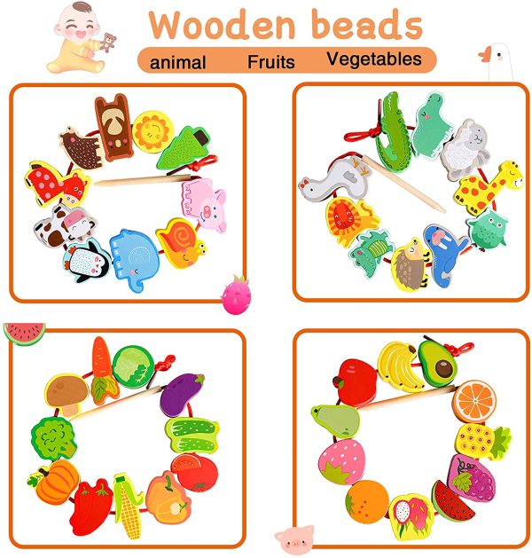 LITTLEFUN Preschool Montessori Wooden Threading Toys with Animals Fruits Number Alphabet Traffic Beads for Kids Toddler - Best Toy Gifts - Image 5