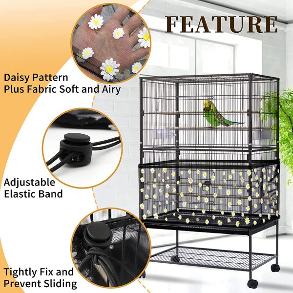 Adjustable Bird Cage Cover,  Bird Cage Seed Catcher, Large Soft Nylon Mesh Net with Daisy Pattern, Birdcage Cover Skirt Seed Guard for Parrot Parakeet Macaw Round Square Cages (Black) - Image 5