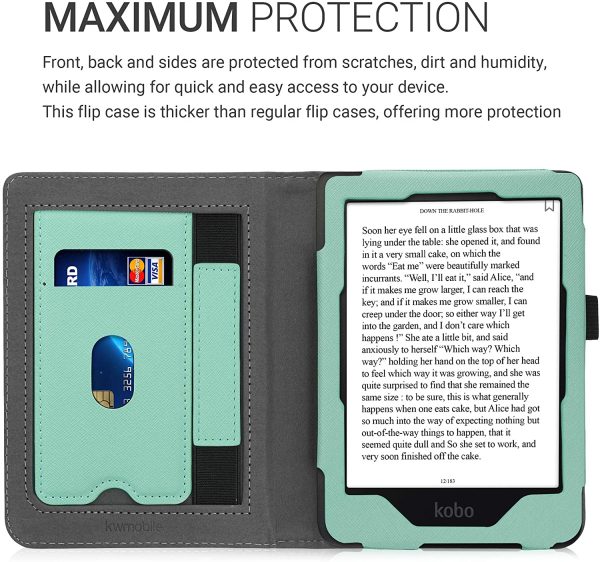 kwmobile Case Compatible with Kobo Clara HD - Case PU Leather Cover with Magnet Closure, Stand, Strap, Card Slot - Sleeping Owl Turquoise/Brown/Mint - Image 5