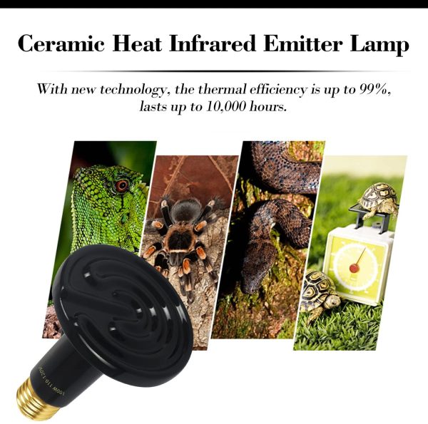 CRLight 100W Ceramic Heat Emitter Infrared Heat Lamp Bulb for Reptile Amphibian Pet Brooder Coop Chicken Lizard Turtle Snake Aquarium, No Light No Harm, AC 90-120V, 24hr Heat Source 100% Efficiency, Black 2-Pack - Image 2