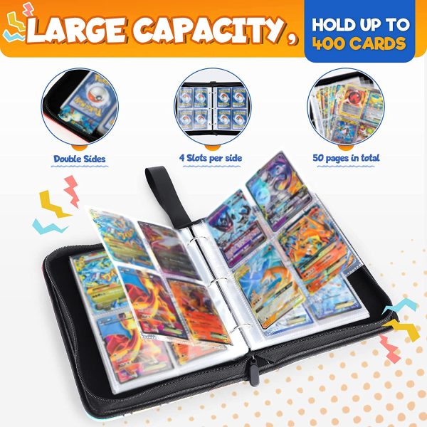 Trading Cards Binder Case for Cards??0 Page 4 Pocket Double Sided Removable Sleeve 400 Cards Binder Zip Designed for Easy Carrying Card Collection Binder Album Gifts for Boys Girls