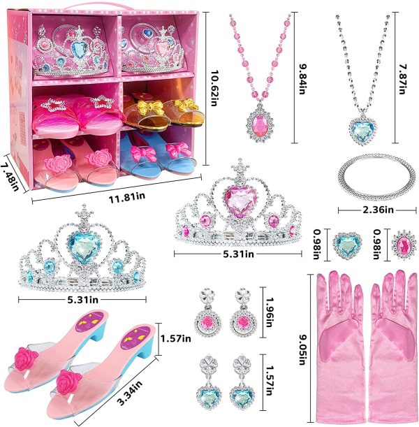 WTOR Girls Toys Princess Dress up Shoes Pretend Role Play Set Jewelry Boutique Plastic Accessory with 4 Shoes Gloves Bracelets Earrings Crowns for Kids Aged 3 4 5 6 7 8 Birthday Party Gift - Image 7