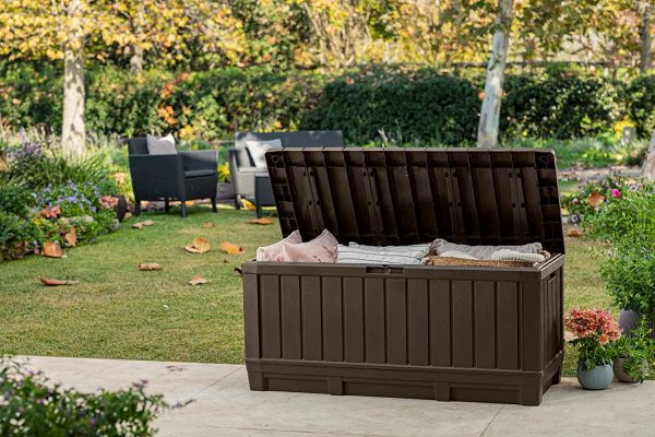 Keter Kentwood 90 Gallon Resin Deck Box-Organization and Storage for Patio Furniture Outdoor Cushions, Throw Pillows, Garden Tools and Pool Toys, Brown - Image 5