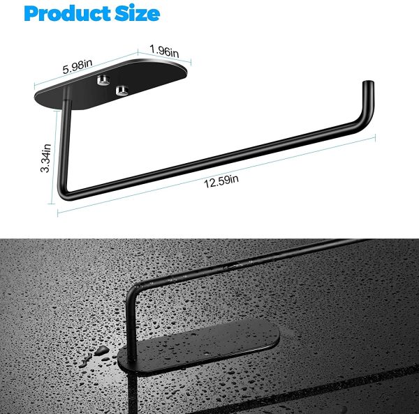 Paper Towel Holder Under Kitchen Cabinet - Self Adhesive or Drilling, Wall Mount Paper Towel Holder Stainless Steel Adhesive Paper Towel Holders for Kitchen,12 Inch Bar, Fit Most Roll Sizes (Black) - Image 3