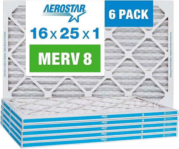 Aerostar 16x25x1" MERV 8 16X25X1 Merv 8 Pleated Air Filter, Made In The Usa, 6-Pack,White - Image 2