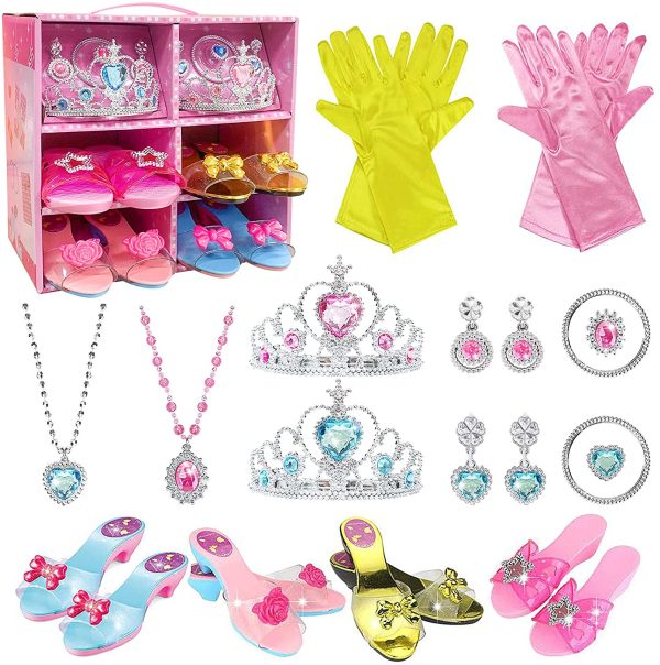 WTOR Girls Toys Princess Dress up Shoes Pretend Role Play Set Jewelry Boutique Plastic Accessory with 4 Shoes Gloves Bracelets Earrings Crowns for Kids Aged 3 4 5 6 7 8 Birthday Party Gift - Image 6