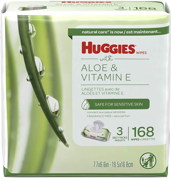 Baby Wipes, Huggies Aloe & Vitamin E, UNSCENTED, 3 Flip-Top Packs, 168 Count - Image 4