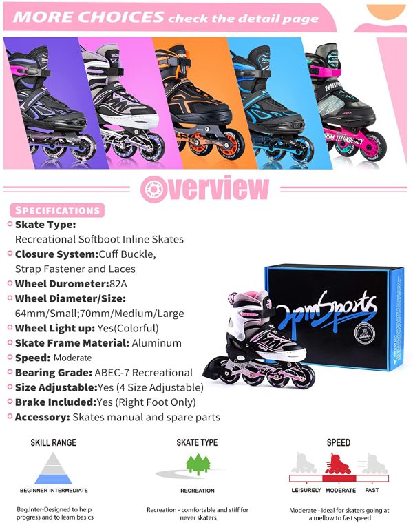 2PM SPORTS Cytia Pink Girls Adjustable Illuminating Inline Skates with Light up Wheels, Fun Flashing Beginner Roller Skates for Kids