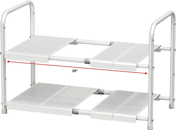 SimpleHouseware Under Sink 2 Tier Expandable Shelf Organizer Rack, White (Expand from 38 to 63.5 cm)