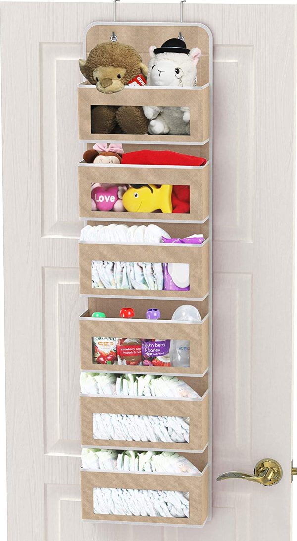 SimpleHouseware Baby Over The Door Hanging Organizer Storage, Beige, 6 Clear Window Pocket