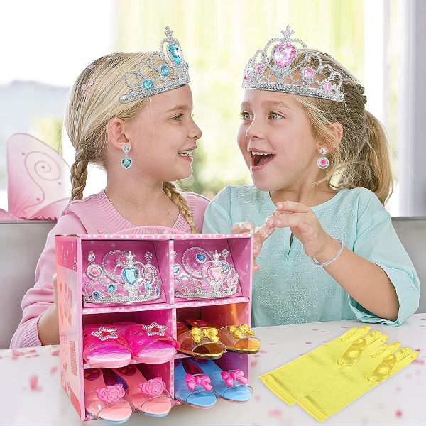 WTOR Girls Toys Princess Dress up Shoes Pretend Role Play Set Jewelry Boutique Plastic Accessory with 4 Shoes Gloves Bracelets Earrings Crowns for Kids Aged 3 4 5 6 7 8 Birthday Party Gift