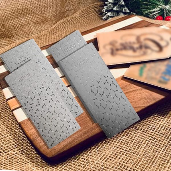 Diamond Sharpening Stone, 4PCS Knife Sharpener Stone Whetstone Honeycomb Surface Diamond Sharpener Plate with Non-Slip Base for Pocket Knives Scissor, Outdoor Kitchen Tools(400/600/1000/1200 Grit)