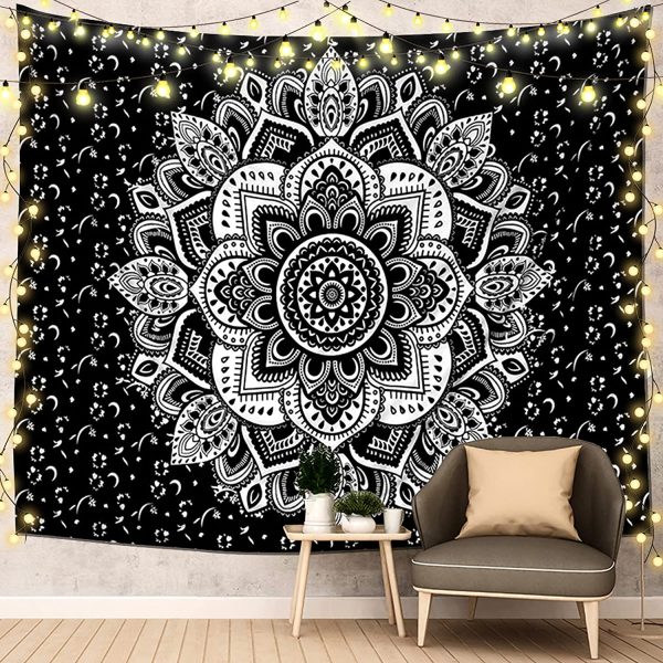 Tapestry Wall Hanging Black and White Mandala Flowers, Hippie Bohemian Tapestries Indian Home Decor Wall Art, Bedroom College Dorm Beach Throw Boho, 59"x51" by ZHH - Image 2