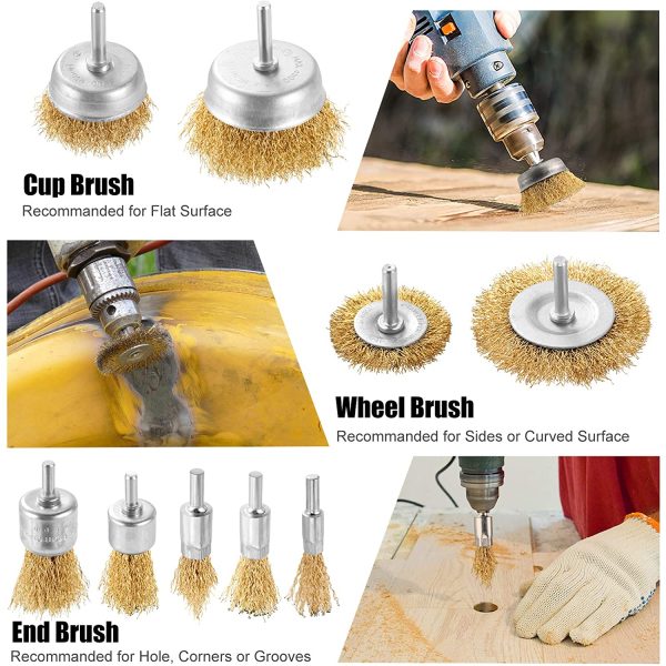 DazSpirit 9PCS Brass Coated Wire Brush Wheel & Cup Brush Set with 1/4-Inch Shank Brush Kit for Removal Rust/Corrosion/Paint -Reduced Wire Breakage and Longer Life Wire Brush Set for Drill?? - Image 3