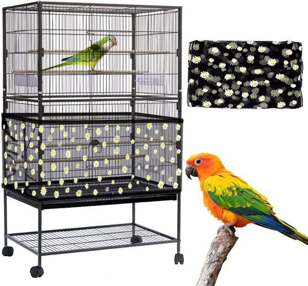 Adjustable Bird Cage Cover,  Bird Cage Seed Catcher, Large Soft Nylon Mesh Net with Daisy Pattern, Birdcage Cover Skirt Seed Guard for Parrot Parakeet Macaw Round Square Cages (Black) - Image 7