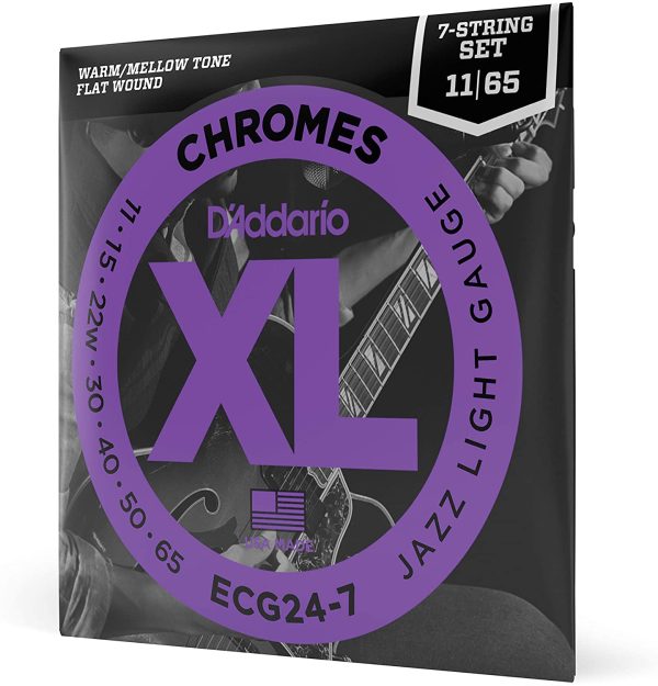 D'Addario ECG24-7 Chromes Flat Wound 7-String Electric Guitar Strings, Jazz Light, 11-65