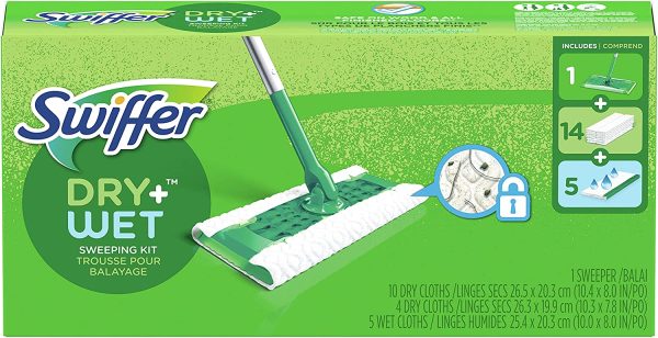 Swiffer Wet & Dry Sweeper Starter Kit, Mops for Floors, Includes 1 Floor Mop, 5 Swiffer Wet Pads 14 Dry Cloth Refills, - Image 3