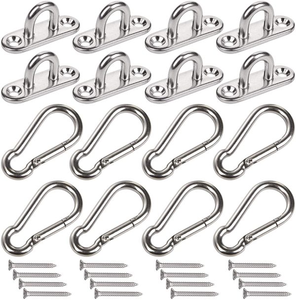 8 PCS 1.8 Inch Stainless Steel Pad Eye Plate U Hooks+ 8 PCS Stainless Steel Snap Hook, Wall Mount Ceiling Hanging Hardware Fitting with Screws Marine Grade - Image 2