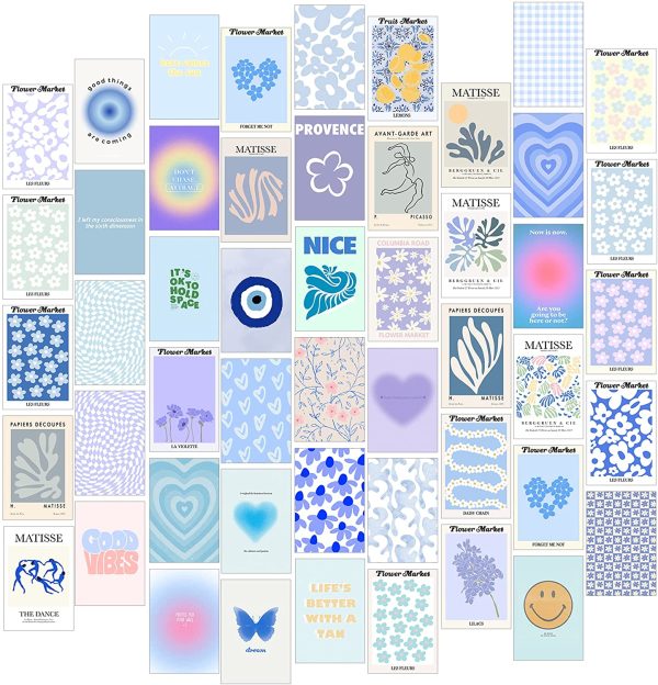 Danish Pastel Room Decor Aesthetic Wall Collage Kit - Matisse Posters for Room Aesthetic Wall Decor - Blue Aesthetic Picture Collage Kit for Wall Aesthetic - Trendy Teen Gifts for Girls - Flower Market Poster Set - Minimalist Wall Art Bedroom Decor (50pcs of 4x6inch, Blue)