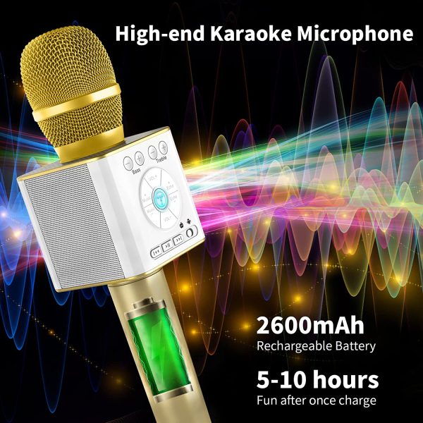 TOSING 04 Karaoke Microphone Bluetooth Wireless,USB/Aux Playback DIY 10W Dual Speakers MIC Volume +/-,Treble/Bass/Echo for Adults/Kids Home Party Birthday Christmas All Smartphone/Tv/Pc(Gold)