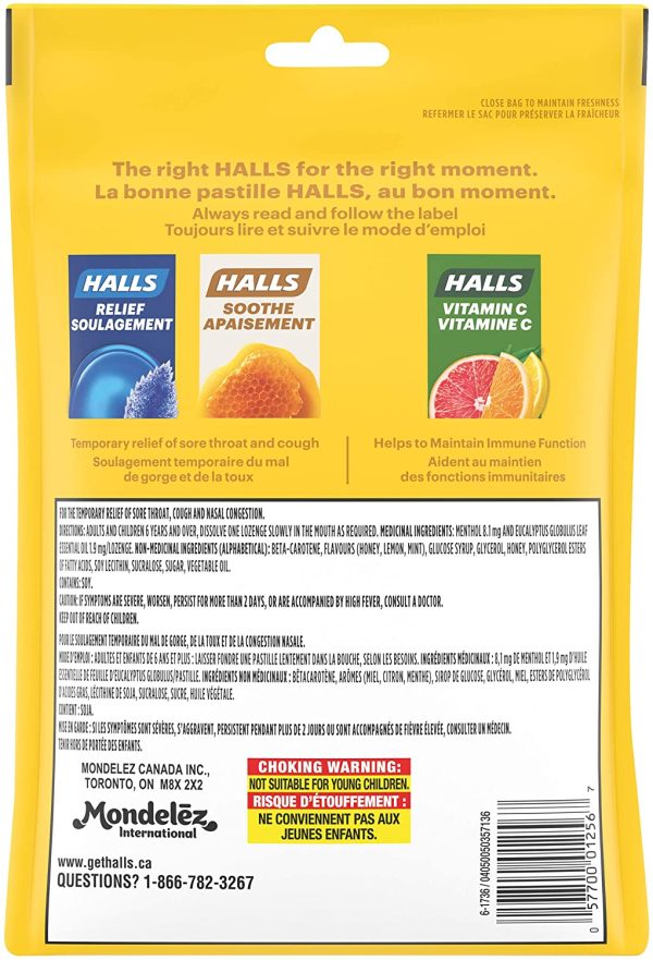 HALLS Triple Soothing Action Cough Drops, Honey Lemon, 1 Resealable Bag (80 Drops Total)