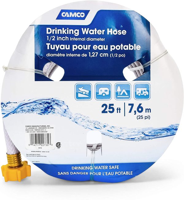 CAMCO 25ft TastePURE Drinking Water Hose- Lead and BPA Free, Reinforced for Maximum Kink Resistance 1/2 inch Inner Diameter (22735)