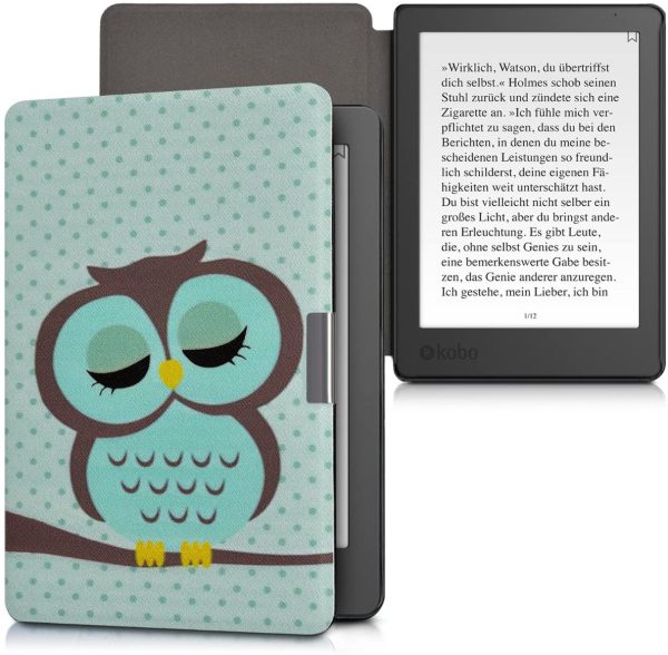 kwmobile Case Compatible with Kobo Aura Edition 2 - Case PU e-Reader Cover - Sleeping Owl Turquoise/Brown/Mint - Image 5