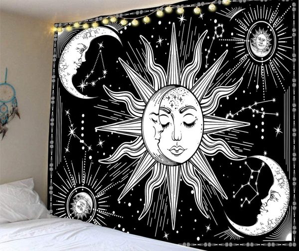 Jasion Moon and Sun Tapestry Burning Sun with Star Psychedelic Mystic Wall Hanging Poster Black and White Tapestry Art for Home Headboard Dorm Decor in 51x60 Inches - Image 6