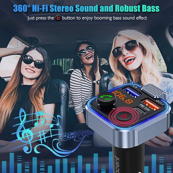 [2022 Version]  Car FM Transmitter, Wireless Bluetooth 5.0 Radio Adapter Car Kit, PD3.0 Type C 20W+QC3.0 Car Fast Charger, Hands Free Calling, Bass Lossless Hi-Fi Sound Support U Disk - Image 2