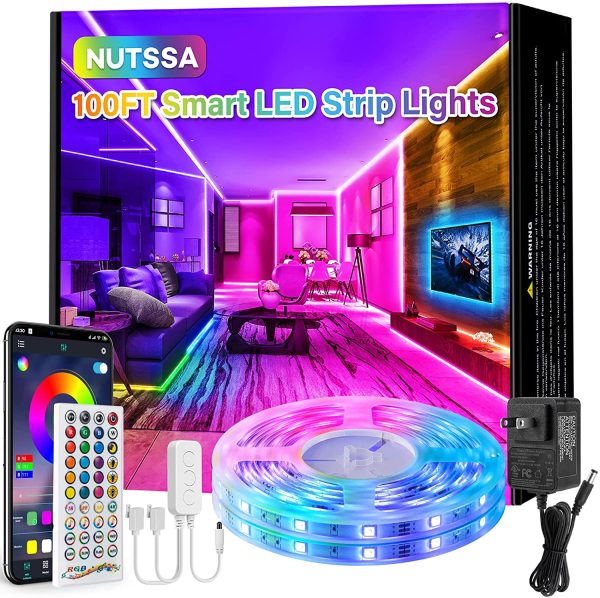 100FT LED Strip Lights, NUTSSA Ultra Long Music Sync Color Changing LED Light Strips, Smart App and Remote Control with 3 Button Controller, RGB LED Lights Strip for Bedroom, Ceiling, Home Decoration